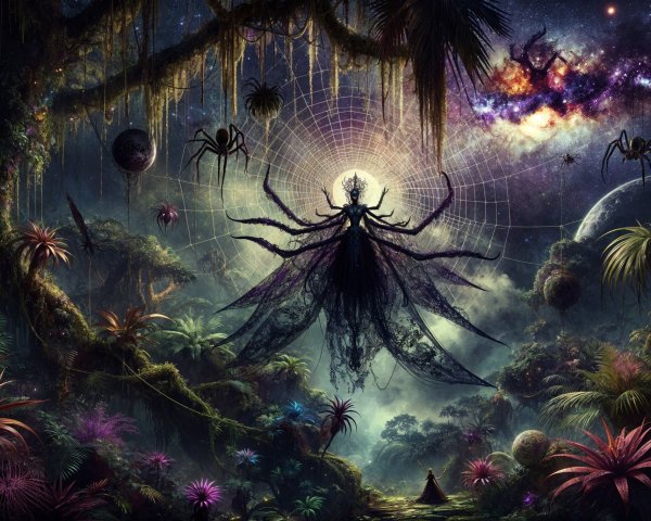 Giant ethereal spider in a mystical cosmic forest