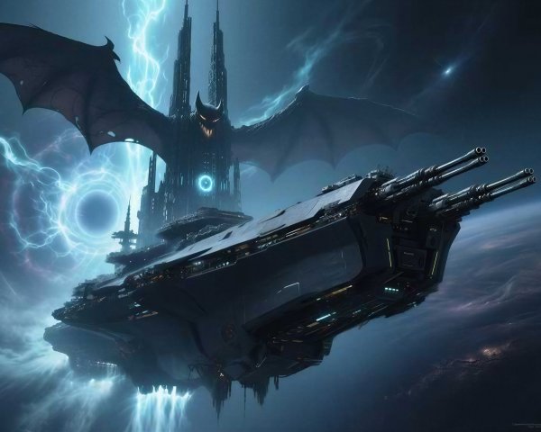 Dark Grey Spaceship in Stormy Ethereal Sky Scene