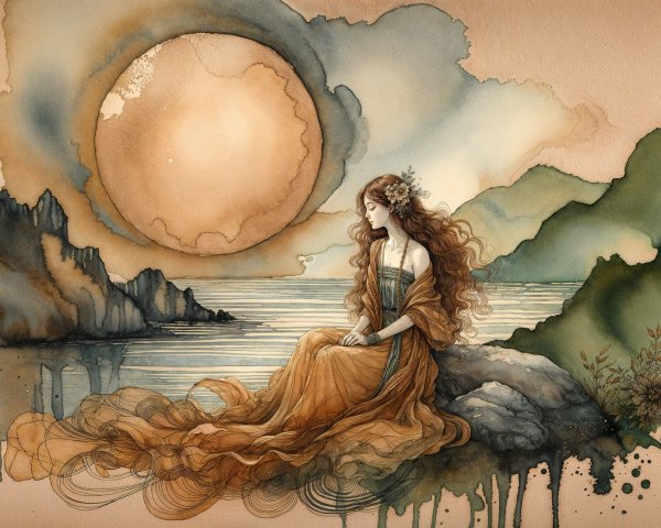 Watercolor Illustration of Woman by Rocky Shore