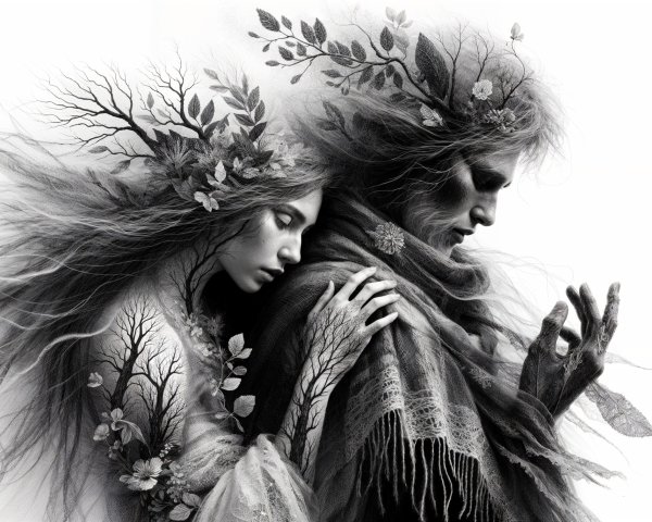 Monochrome Illustration of Intertwined Figures in Nature