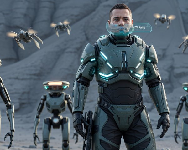 Futuristic soldier in advanced armor with drones