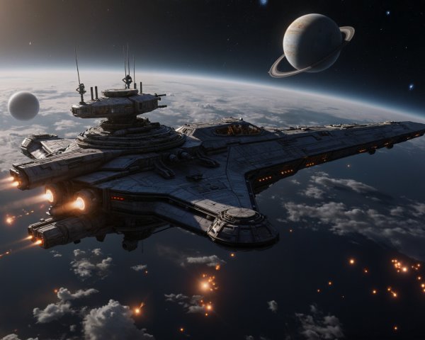 Futuristic Spaceship Orbiting a Vibrant Blue Planet