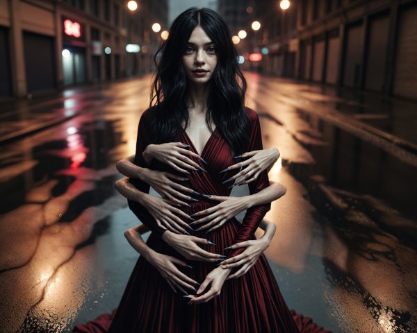 Surreal urban scene with a woman in a red gown