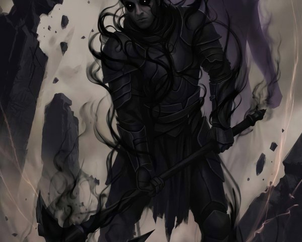 Dark Fantasy Male Figure with Glowing Eyes and Axe