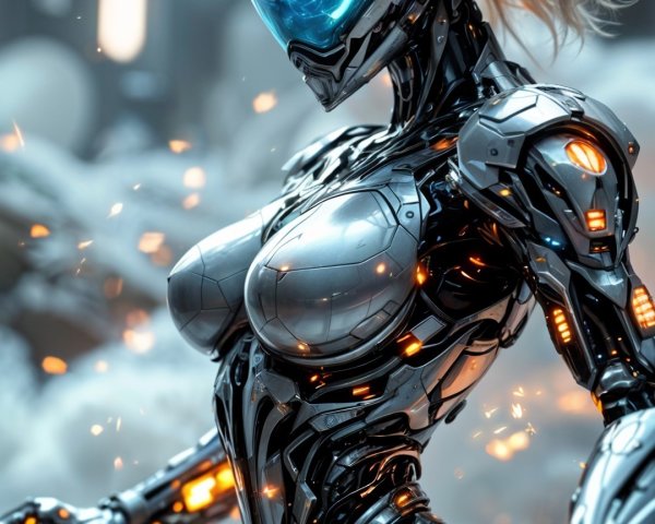 Futuristic Female Robot with Metallic Armor and Blue Accents