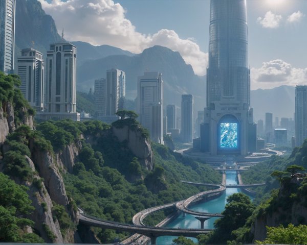 Futuristic cityscape with skyscrapers and mountains