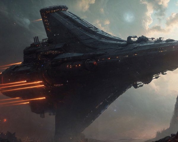 Futuristic spaceship in dramatic alien landscape scene