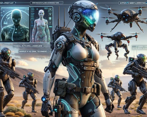 Futuristic Humanoid Robot in Post-Apocalyptic Landscape