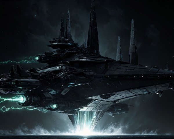 Futuristic spaceship in dark starry space environment