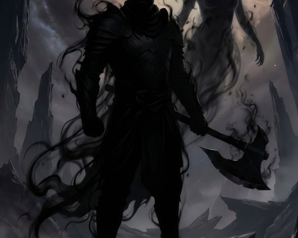 Dark Warrior and Wraith in Smoky Landscape Scene