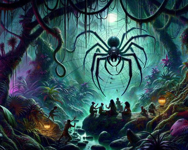 Jungle Scene with Giant Spider and Mystical Fire