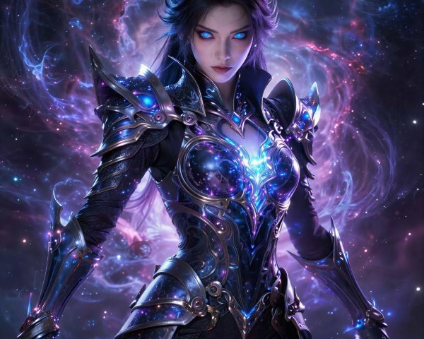 Female Character in Glossy Armor Against Galaxy Background