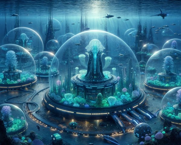 Vibrant Underwater City with Bioluminescent Flora