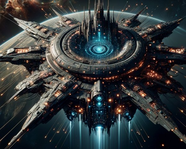 Futuristic Space Station Surrounded by Galaxy and Planet