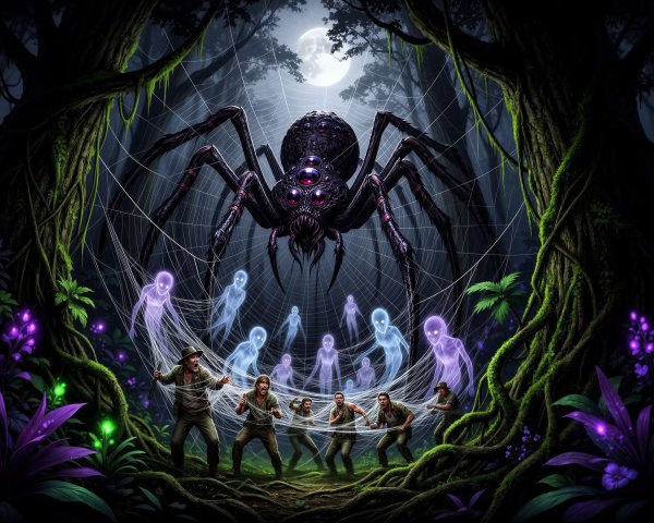 Ominous Jungle Scene with Adventurers in Spider's Web