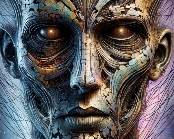 Futuristic humanoid face with metallic textures and circuitry