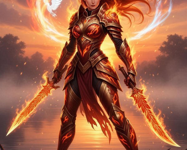 Full-body digital painting of a female fire warrior