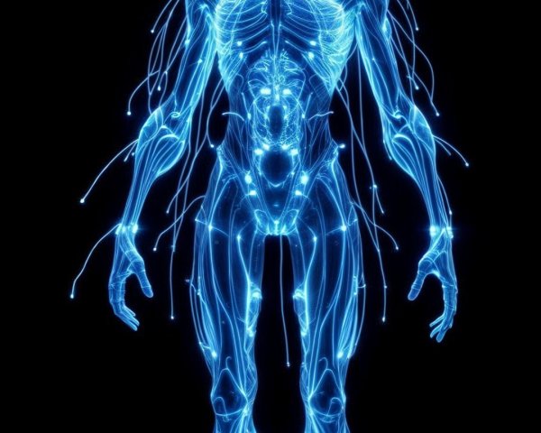 Futuristic humanoid figure with glowing blue lines