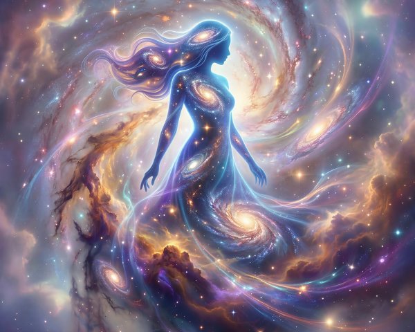 Celestial Woman Silhouette in Colorful Galaxy Scene