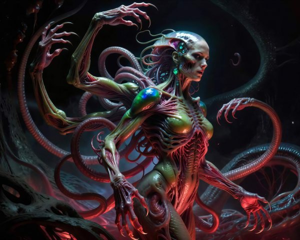 Surreal sci-fi horror creature with skeletal features