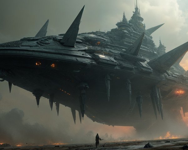 Massive Menacing Spaceship Over Desolate Landscape