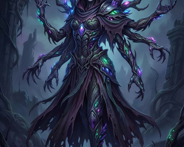 Woman in Dark Cloak with Glowing Crystals and Armor