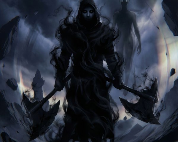 Dark Digital Painting of a Hooded Figure with Axes