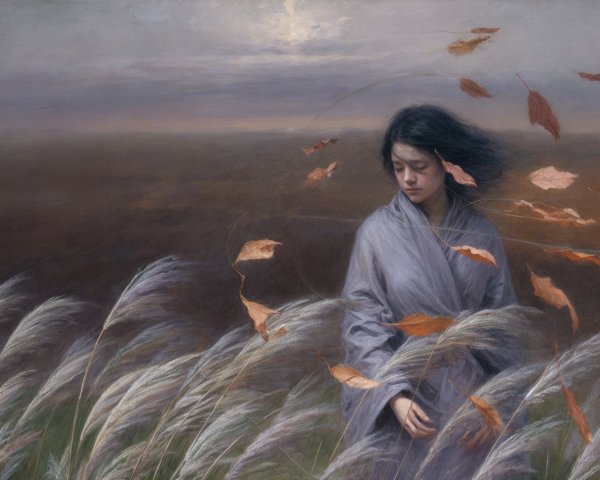 Young woman in flowing grasses with autumn leaves