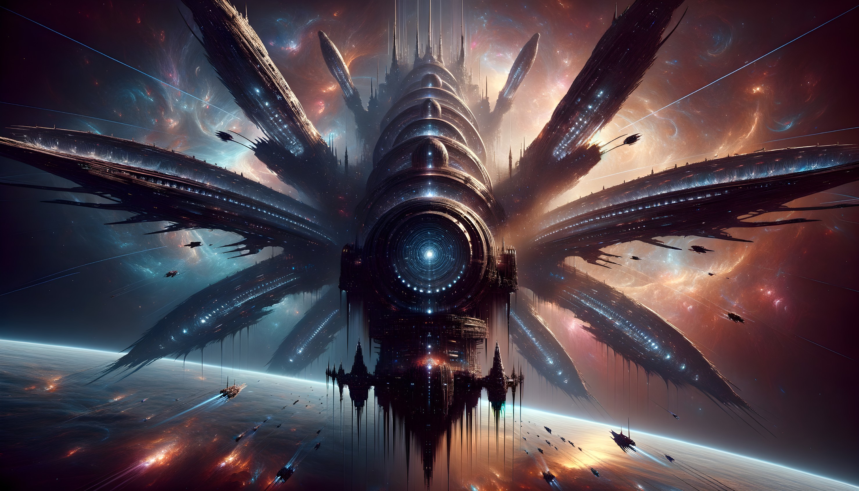 Futuristic spaceship with spires in cosmic backdrop