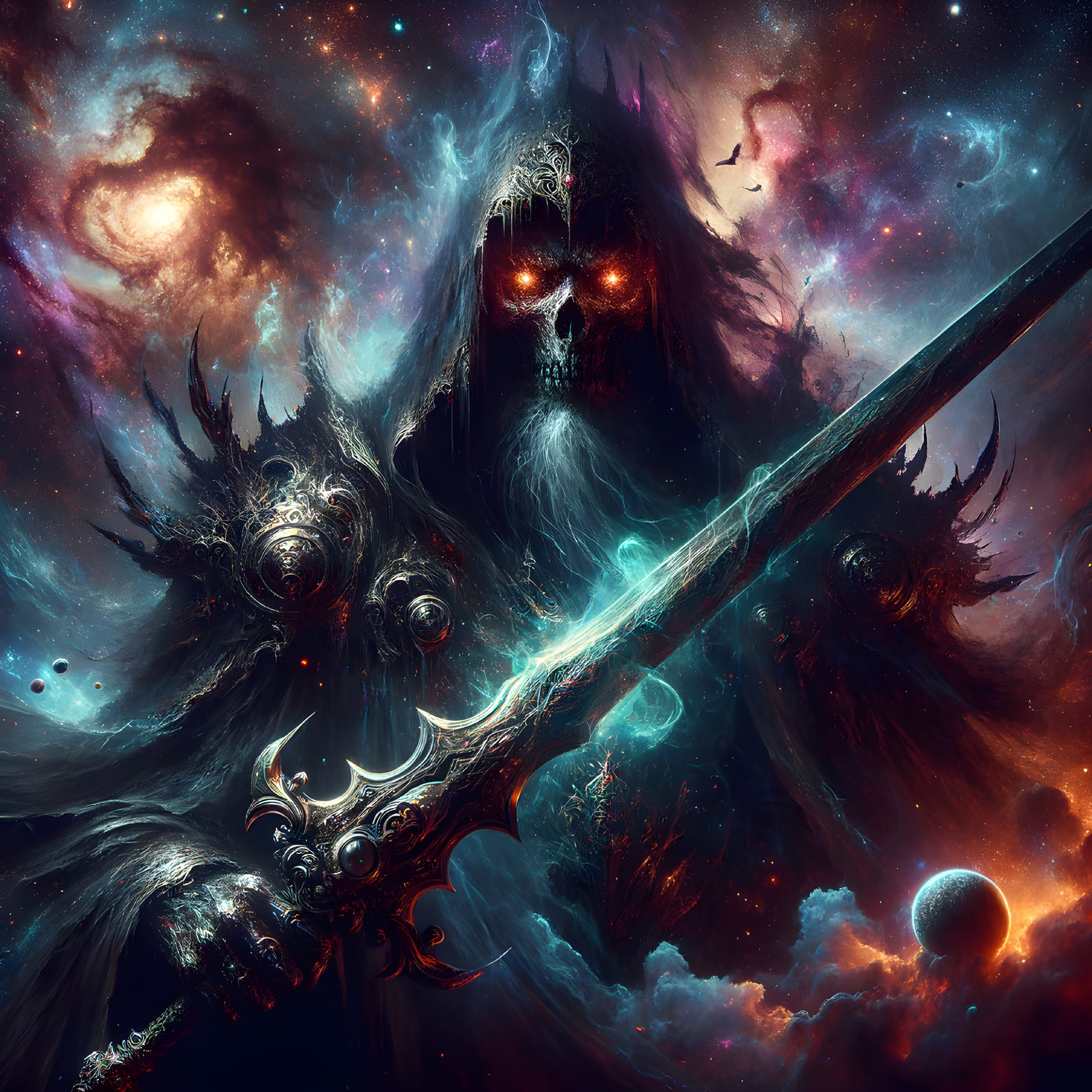 Cosmic Figure with Sword in Nebula Background