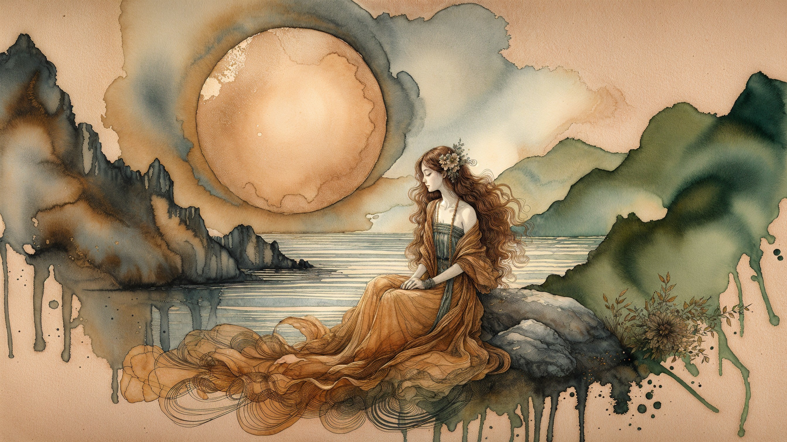 Watercolor Illustration of Woman by Rocky Shore