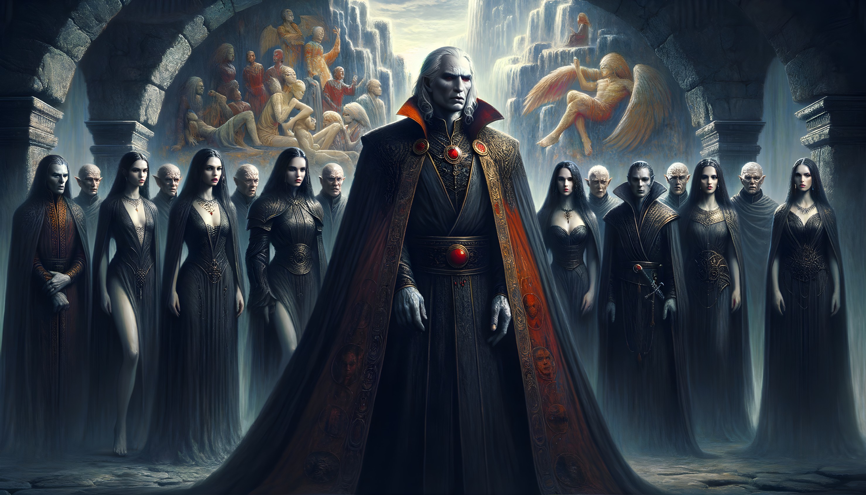 Red-cloaked figure surrounded by others in mythical hall with angelic frescoes