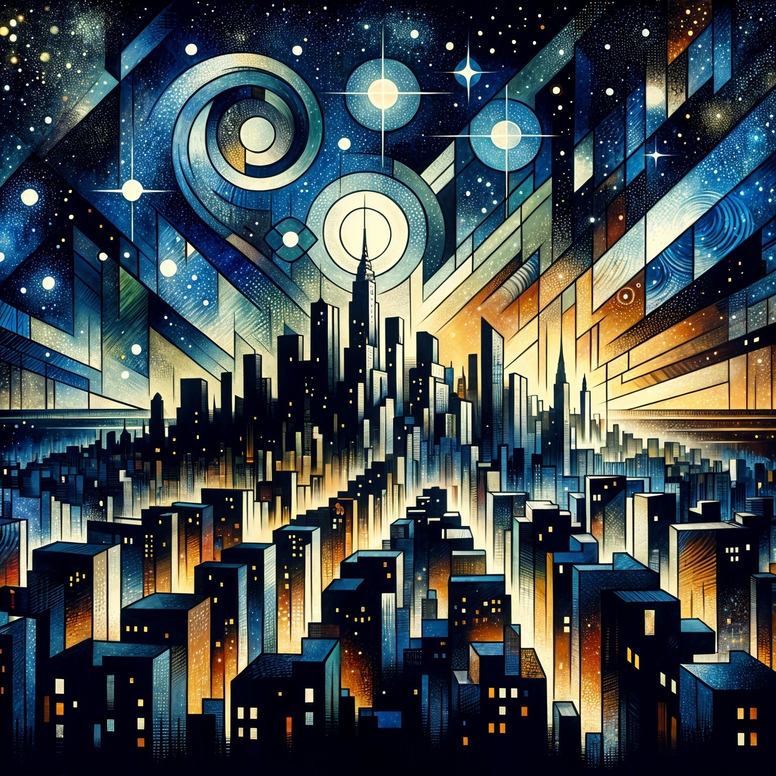 Vibrant cityscape with skyscrapers and cosmic backdrop