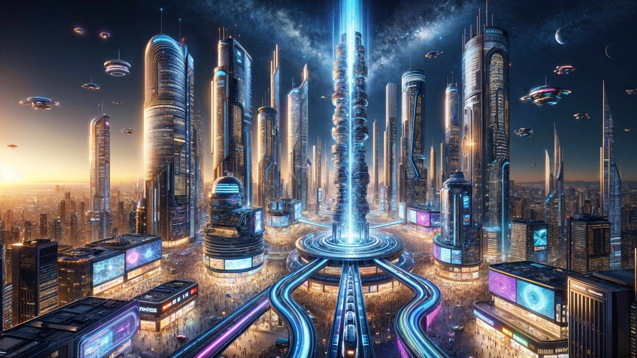 Futuristic Cityscape with Neon Lights and Skyscrapers