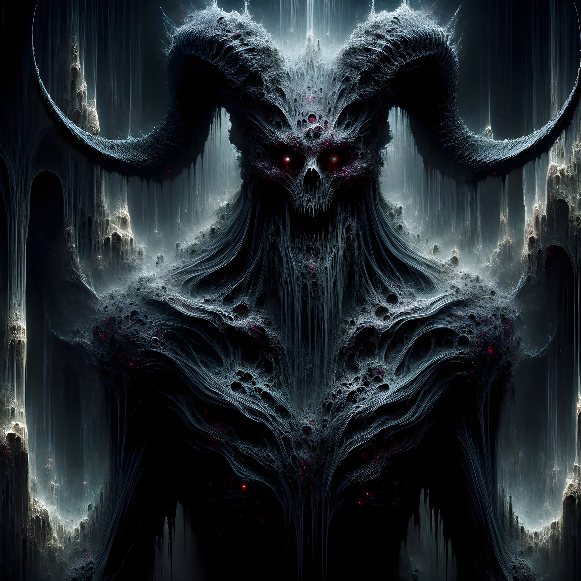 Dark Figure with Horns and Glowing Red Eyes