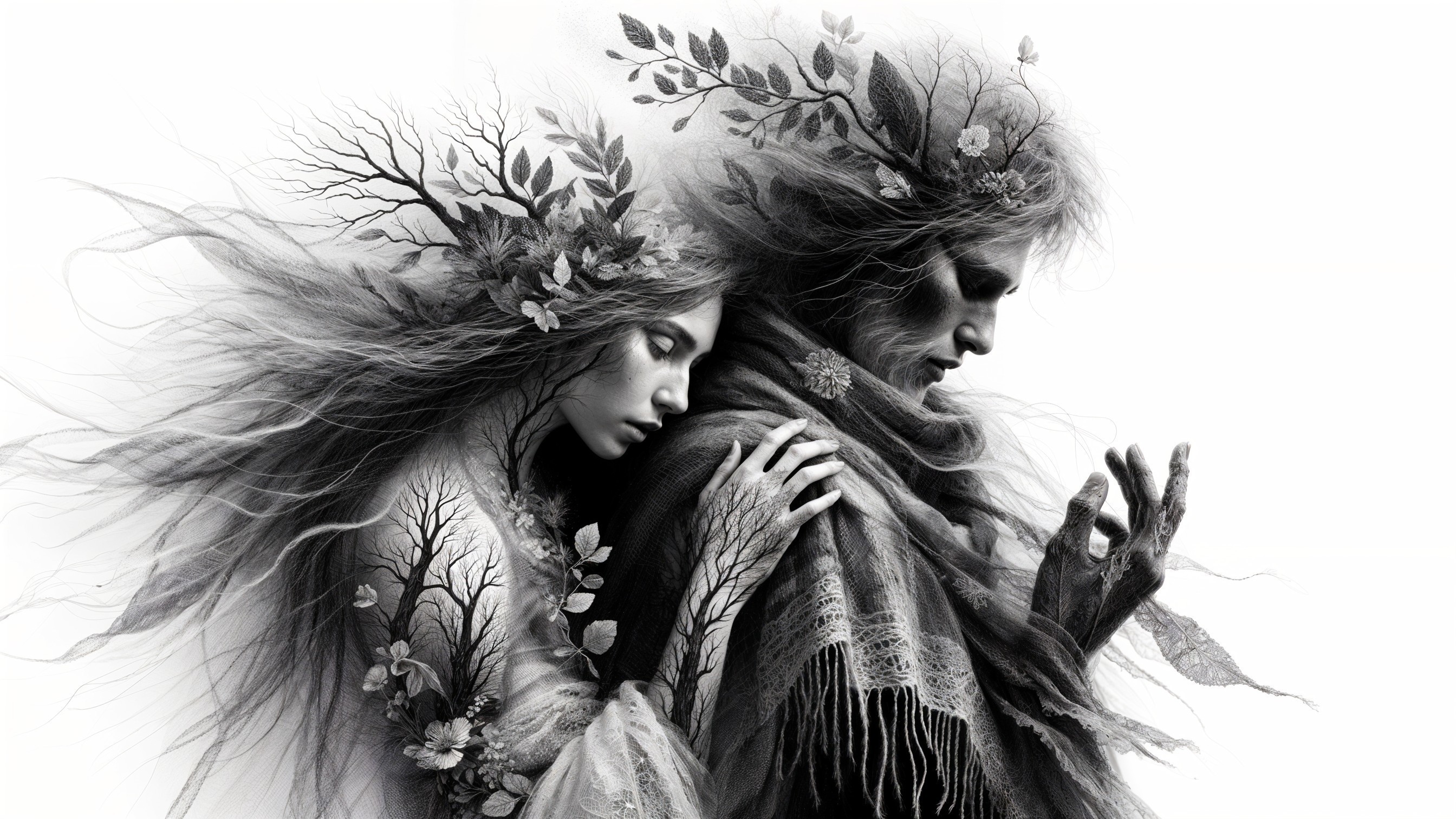 Monochrome Illustration of Intertwined Figures in Nature