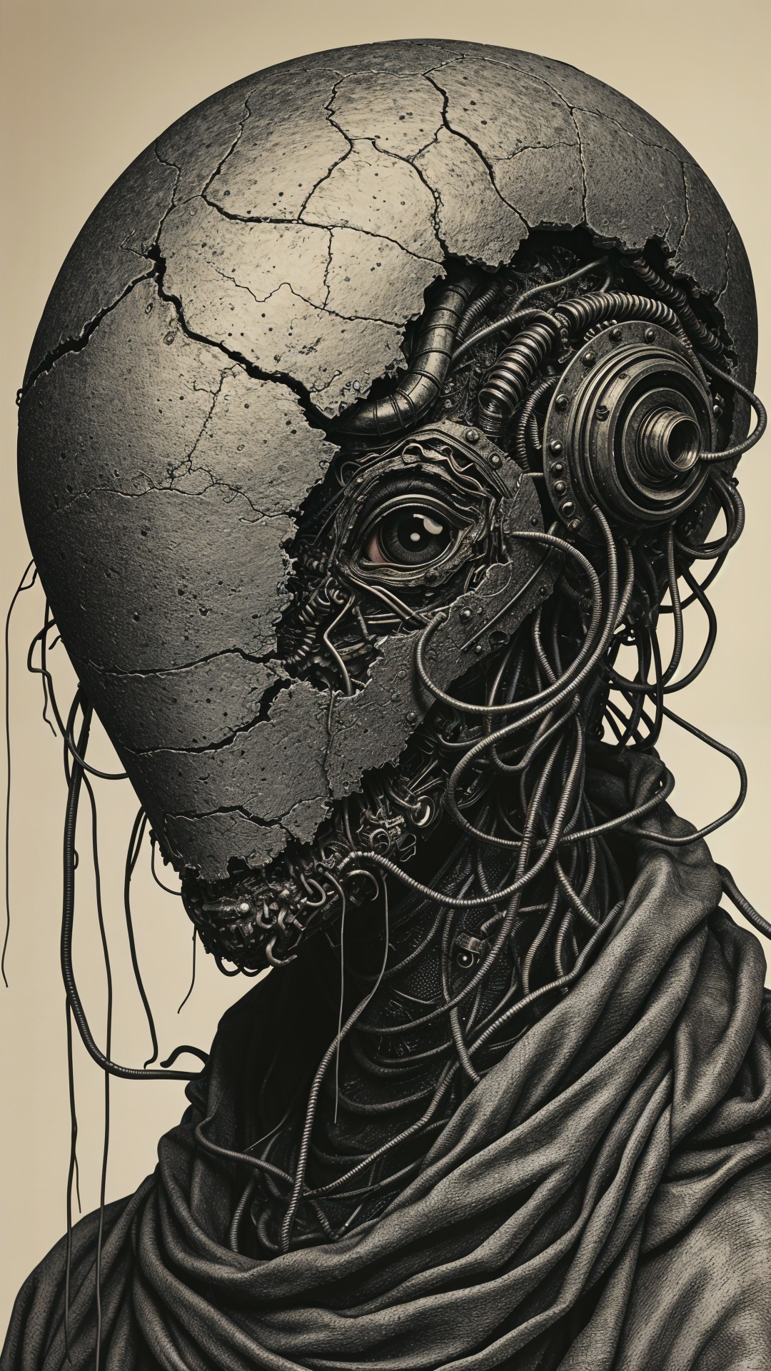 Dystopian Figure with Cracked Metallic Skull Design