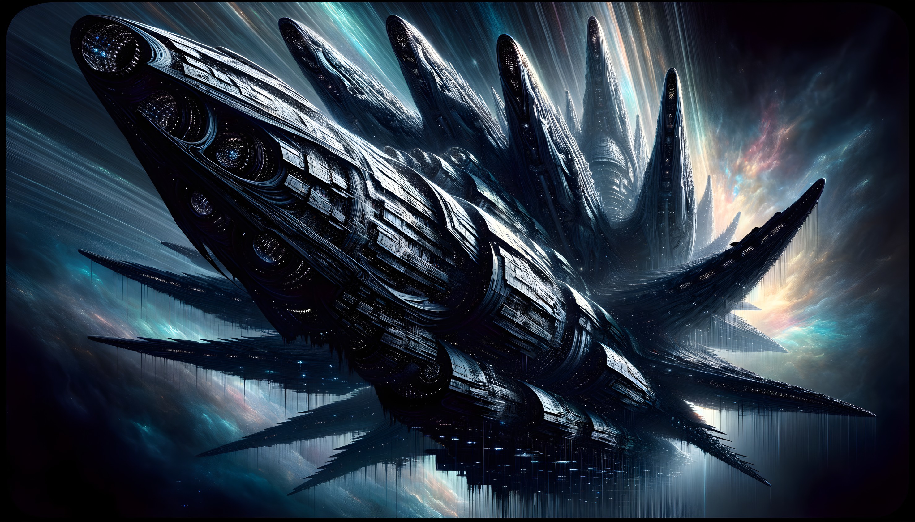 Futuristic spacecraft in a cosmic, colorful backdrop