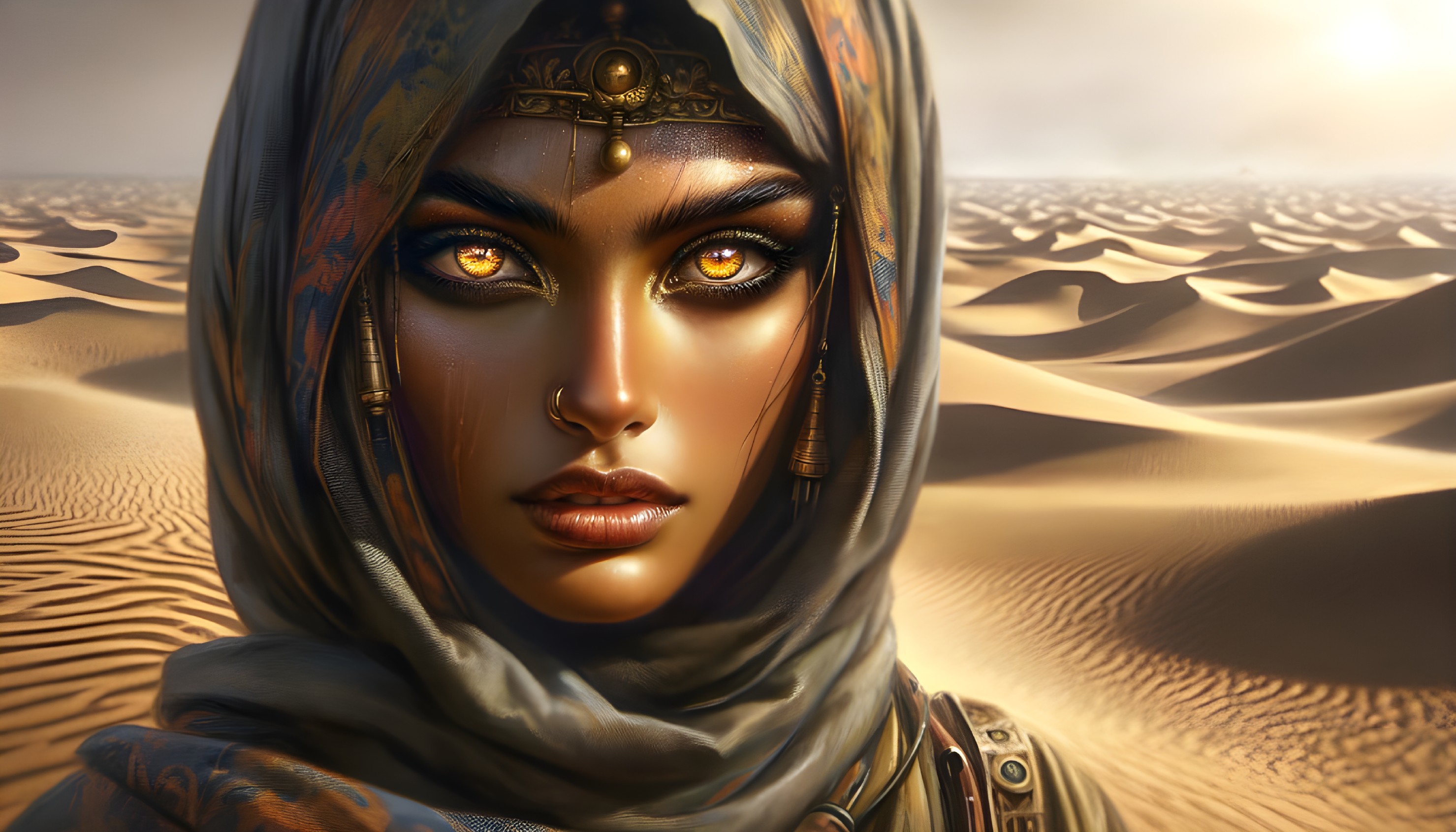 Portrait of a Woman with Golden Eyes in Desert Dunes