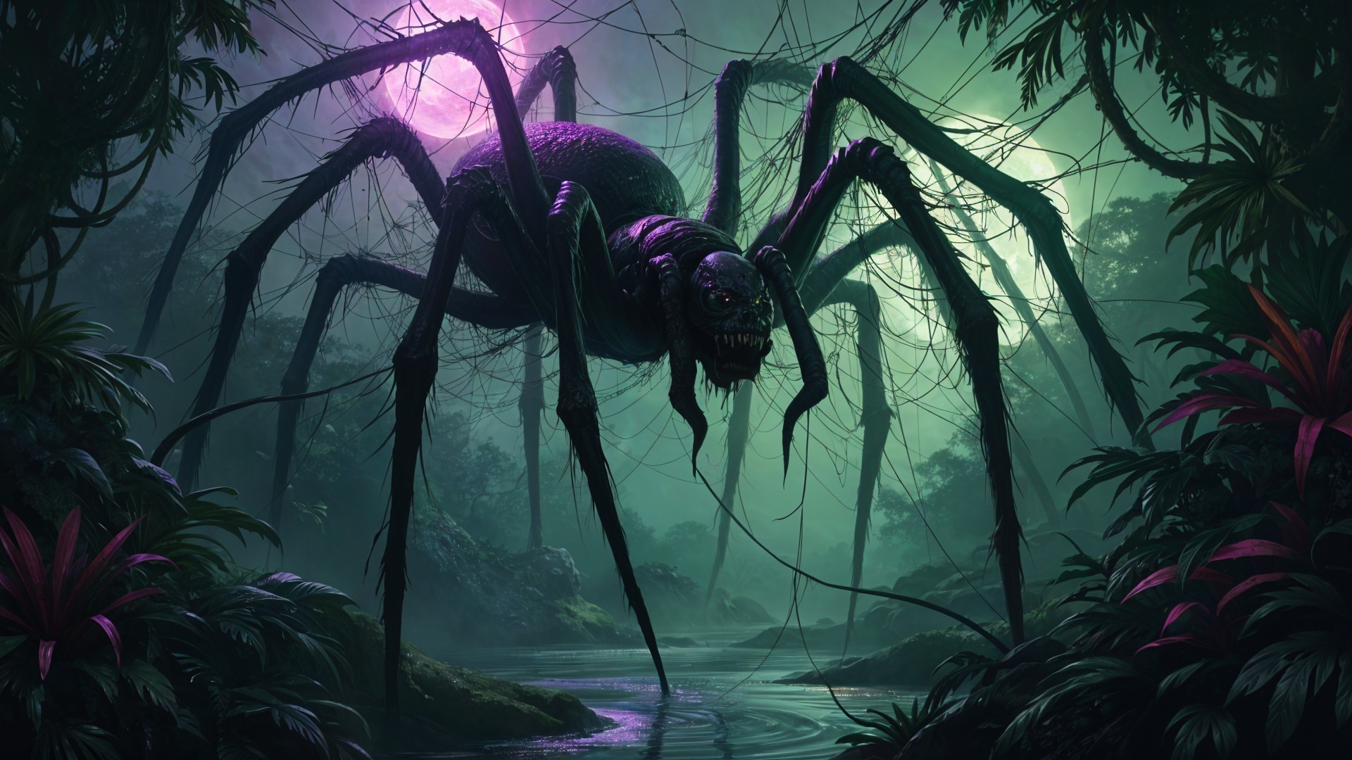 Massive Spider in Dark Jungle with Eerie Atmosphere