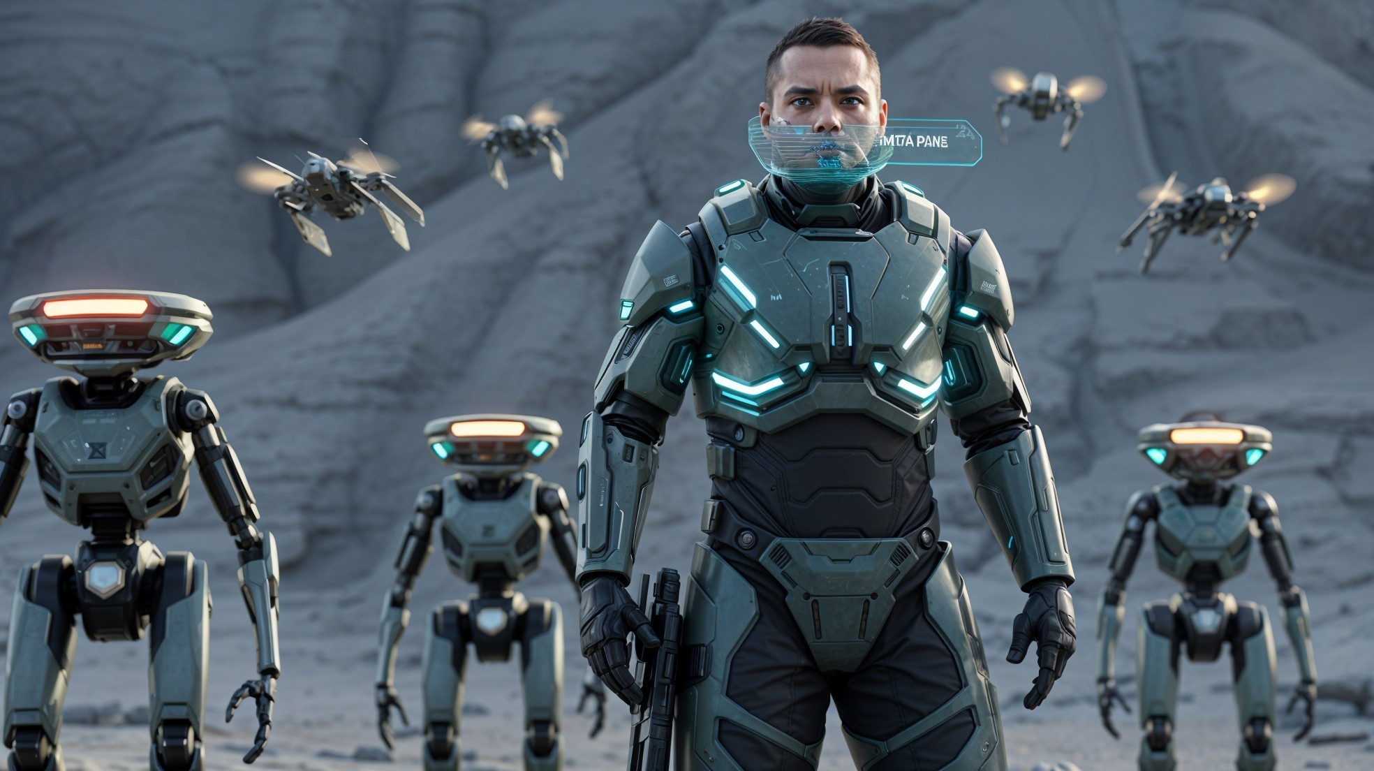 Futuristic soldier in advanced armor with drones