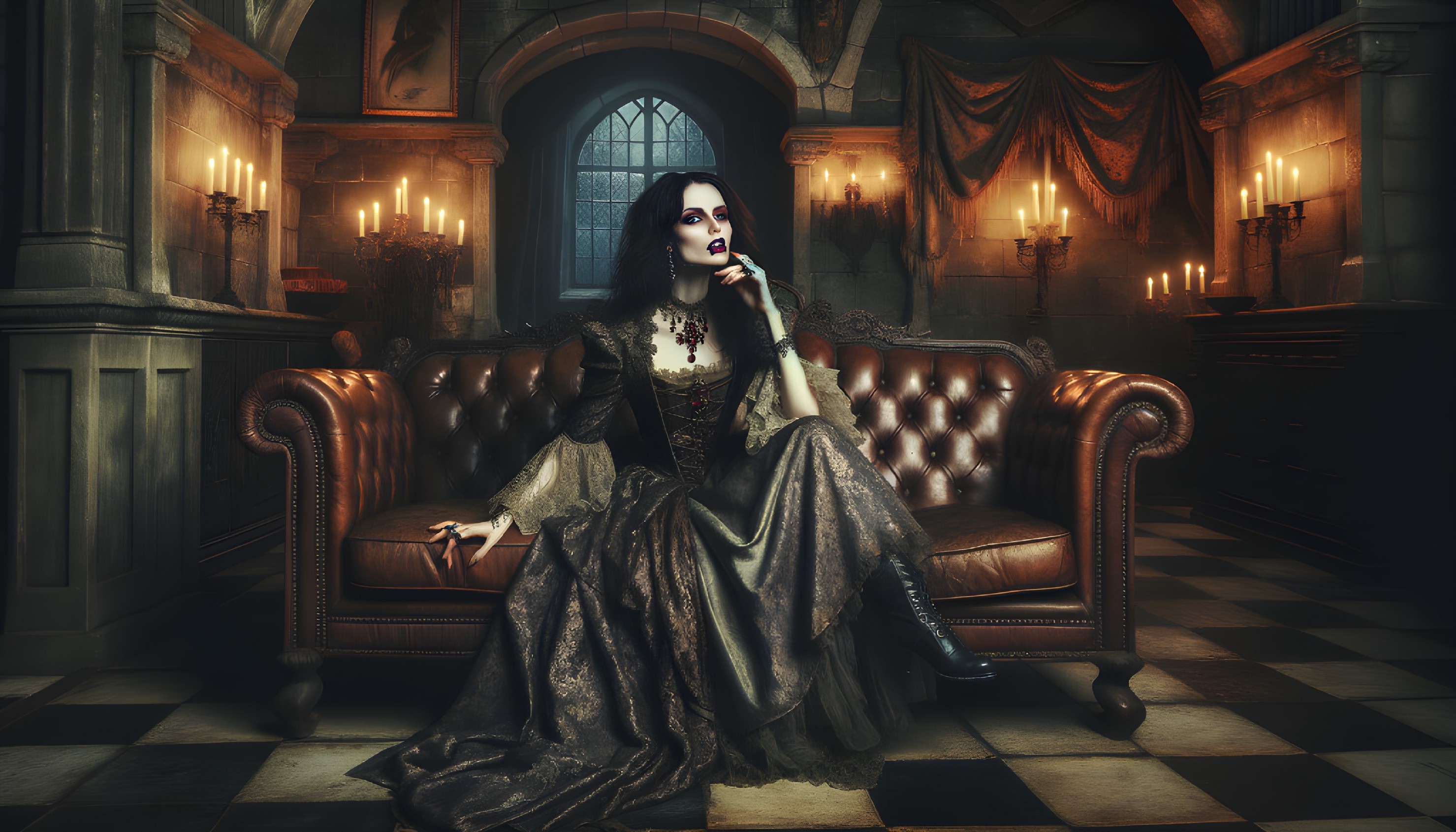 Gothic woman in Victorian attire on vintage sofa in candle-lit room