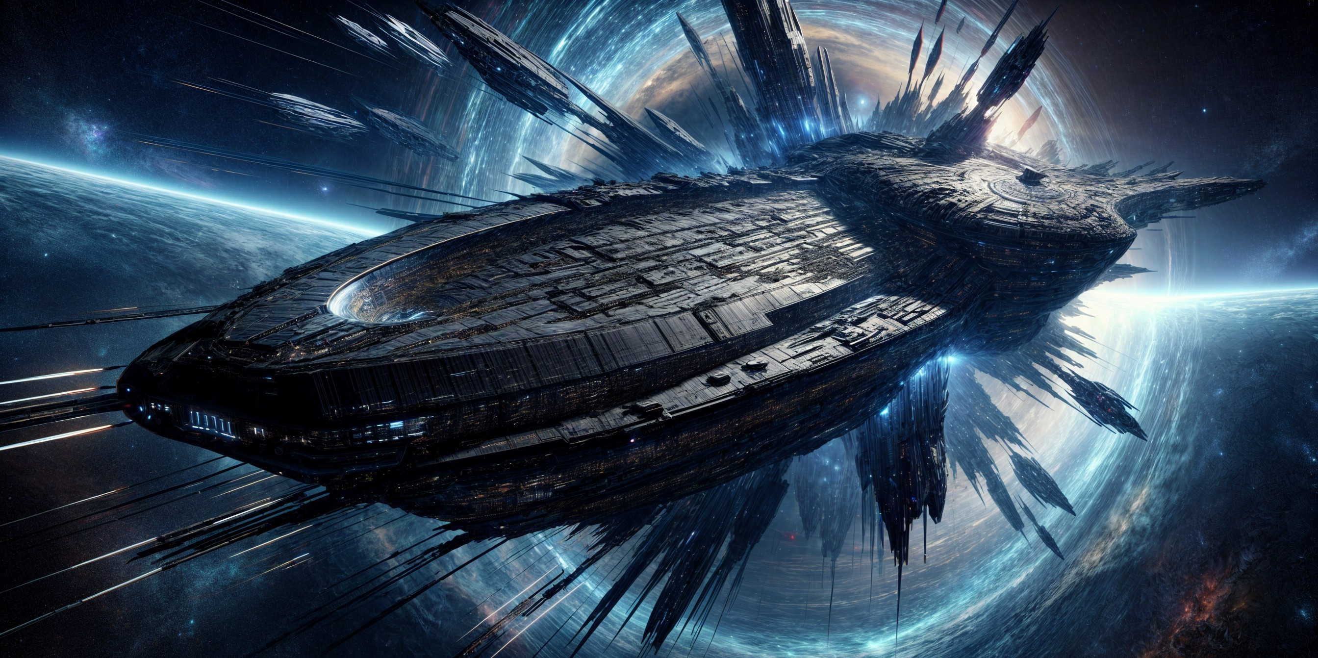 Intricately Designed Spaceship in a Vibrant Galaxy