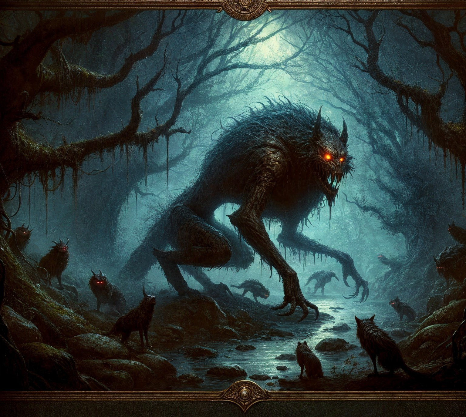 Eerie Forest Scene with Glowing Eyes and Tension