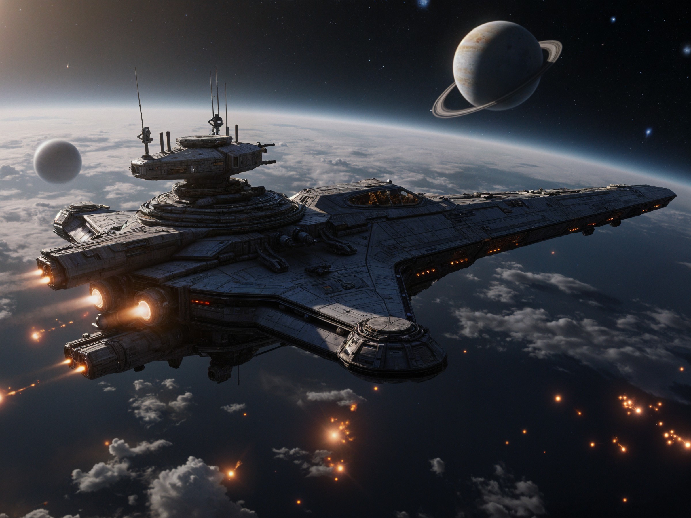 Futuristic Spaceship Orbiting a Vibrant Blue Planet