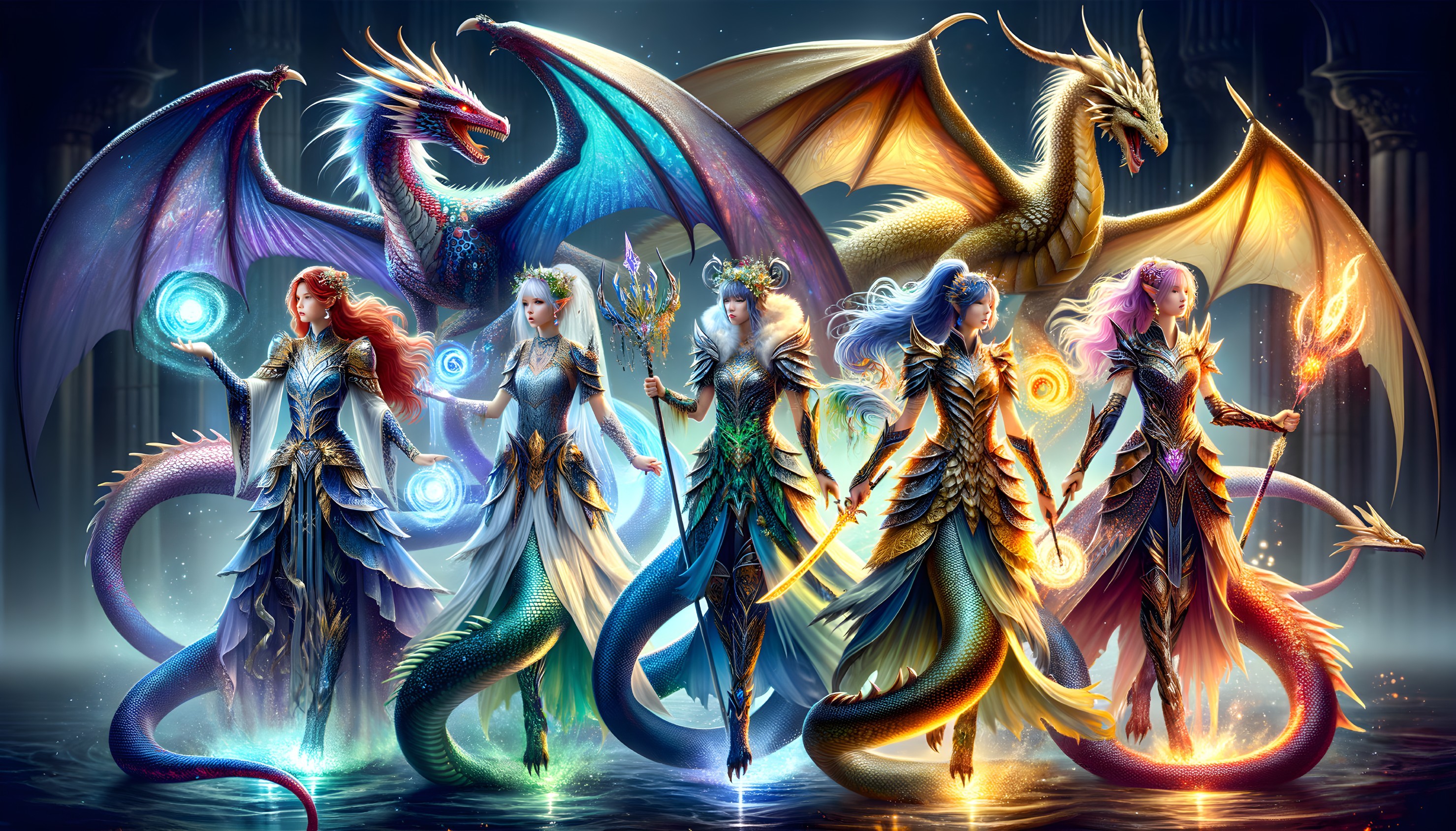Ethereal Women with Dragon Features in Mystical Hall