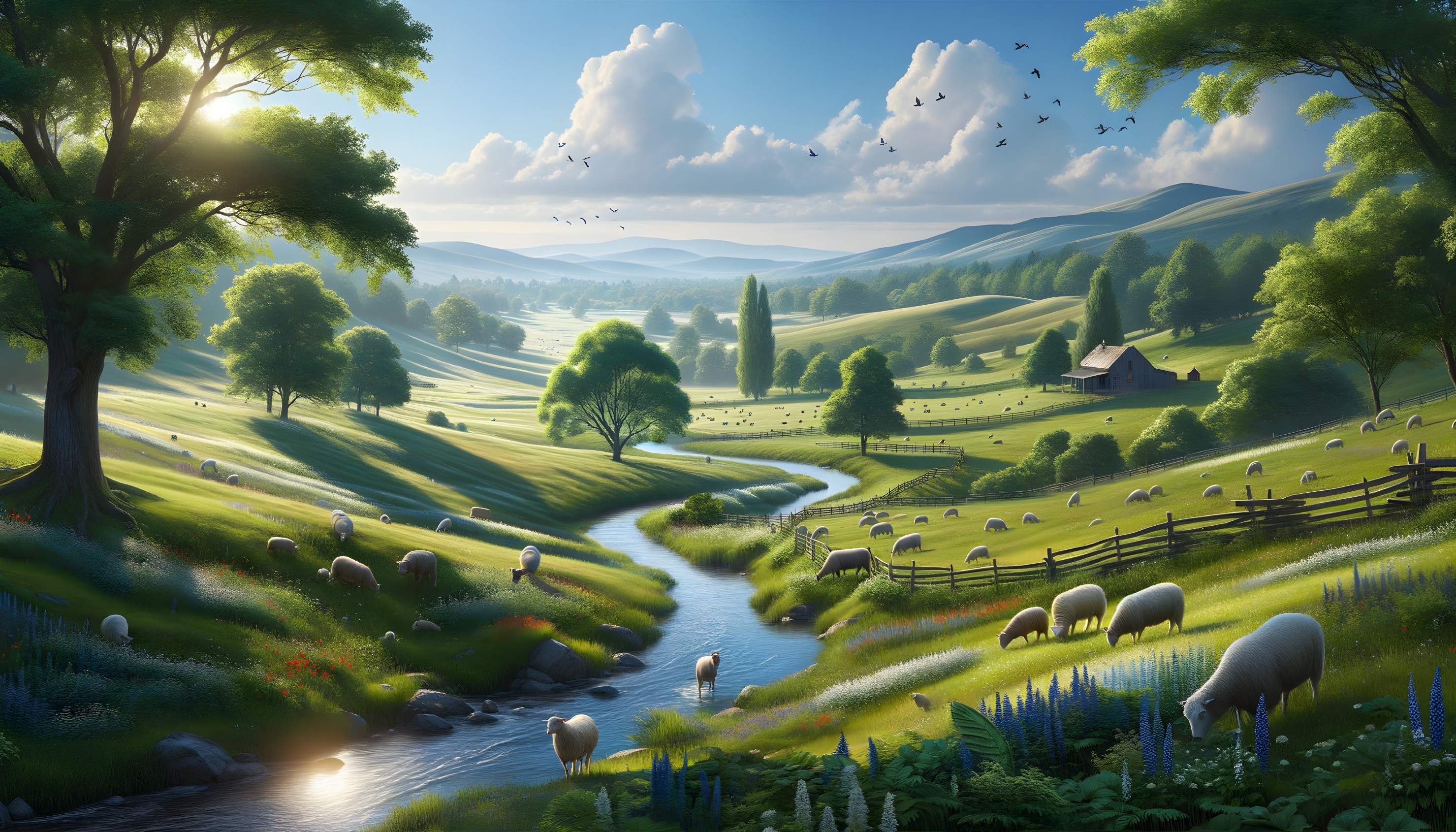 Serene Pastoral Landscape with Hills and River