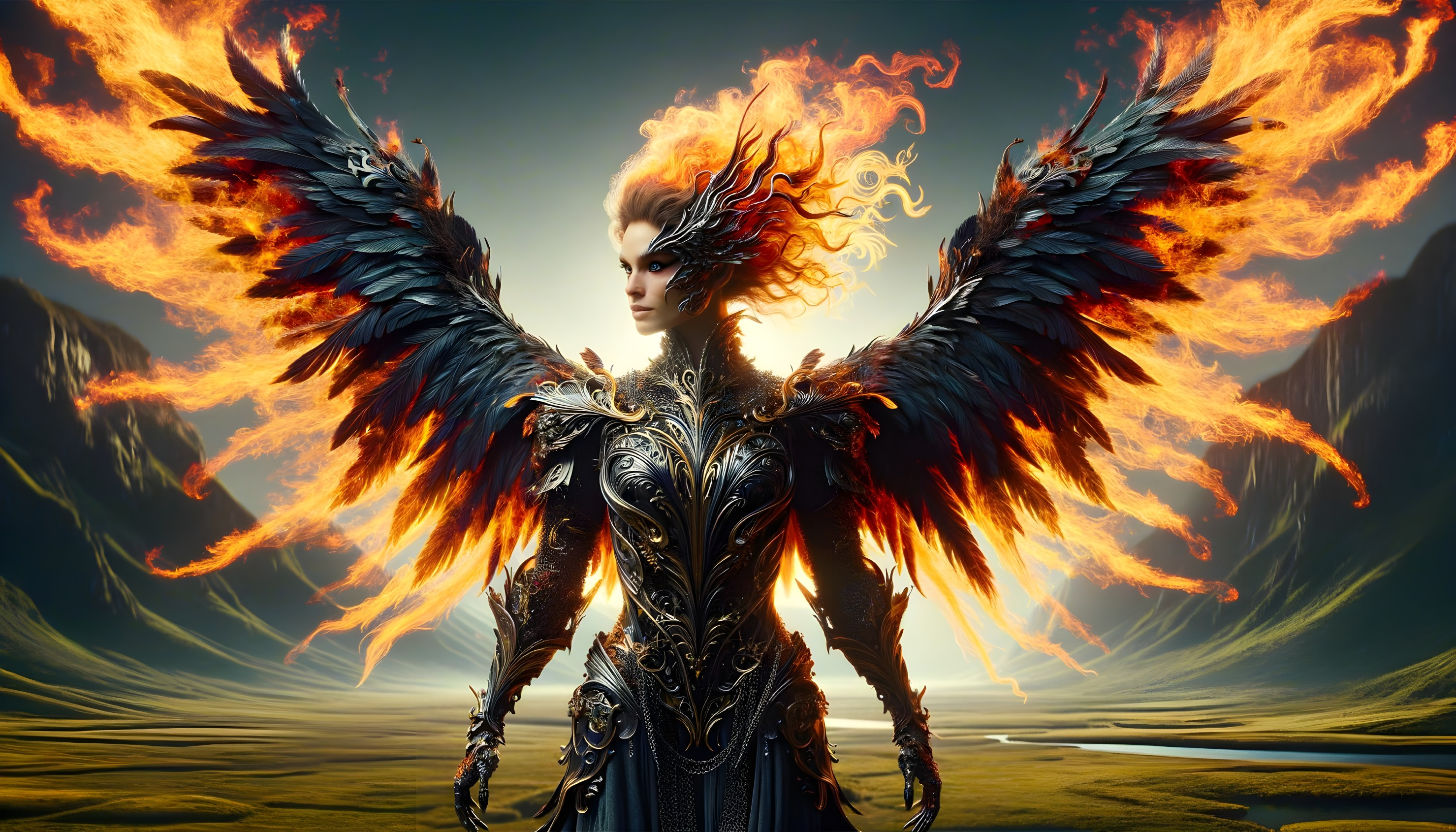 Majestic figure with fiery wings and ornate armor