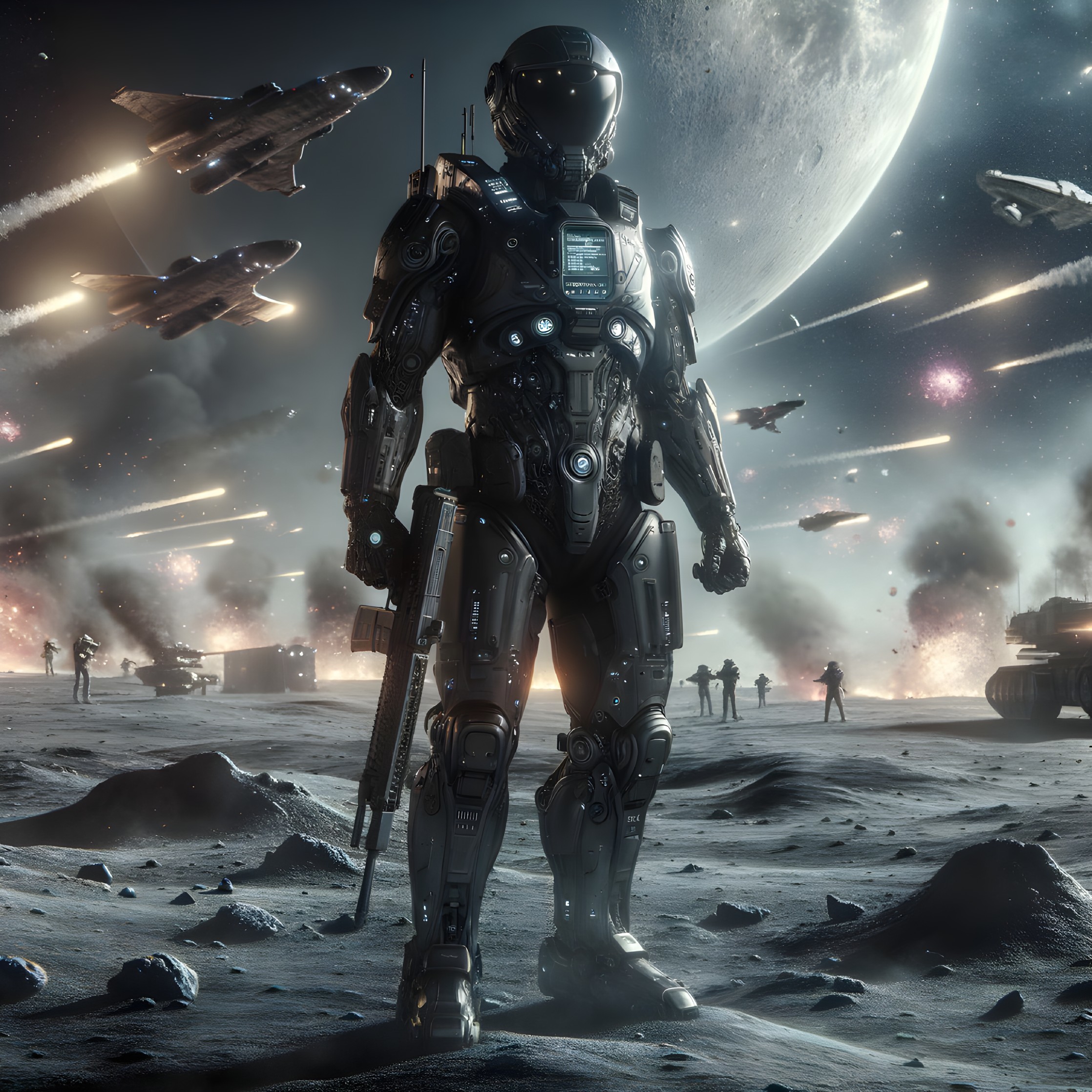 Futuristic Soldier on Desolate Lunar Landscape