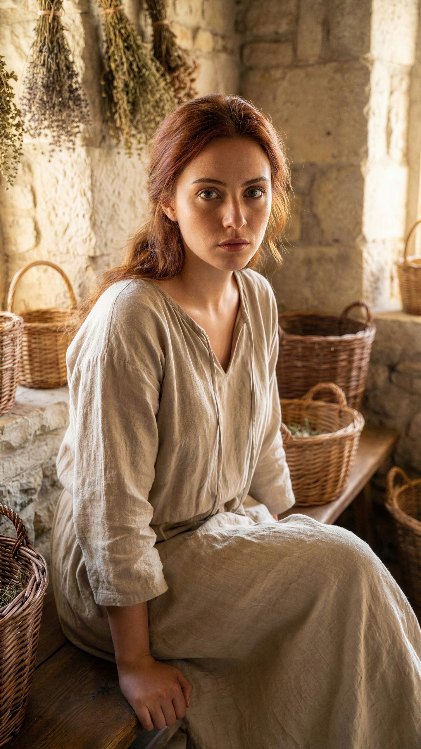 Young woman in linen dress with dry plants backdrop